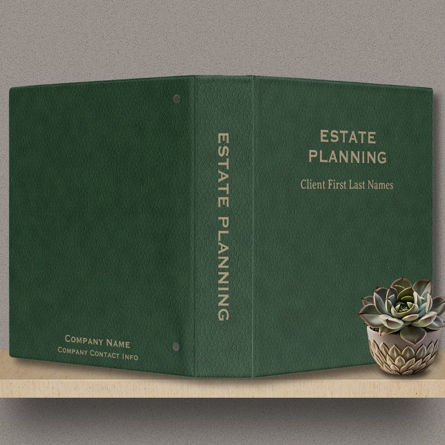 Estate Planning Company Client Name Green Leather  Binder (Estate Planning Binder in Green Faux Leather with Gold Lettering, custom company and client names.)
