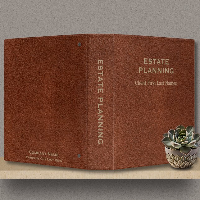 Estate Planning Company Client Name Tan Leather Binder (Estate Planning Binder in Tan Faux Leather with Gold Lettering, custom company and client names.)