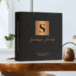 Estate planning documents black leather gold  binder<br><div class="desc">Luxury modern elegant monogram initial and family name signature script style personalized estate planning trust documents portfolio binder featuring a faux metallic gold copper square with initial letter and your custom text over a black leather like (PRINTED TEXTURE) background.</div>