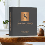 Estate planning documents dark grey gold  binder<br><div class="desc">Luxury modern elegant monogram initial and family name signature script style personalized estate planning trust documents portfolio binder featuring a faux metallic gold copper square with initial letter and your custom text over a dark grey grey solid charcoal background.</div>