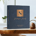 Estate planning documents navy blue leather gold  binder<br><div class="desc">Luxury modern elegant monogram initial and family name signature script style personalized estate planning trust documents portfolio binder featuring a faux metallic gold copper square with initial letter and your custom text over a dark navy blue leather like (PRINTED TEXTURE) background.</div>