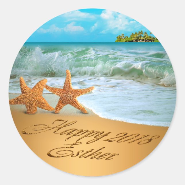 Esther Starfish Couple ASK 4 NAMES PUT IN SAND Classic Round Sticker (Front)