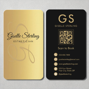 Esthetician Monogram Gold Black QR Code Business Card