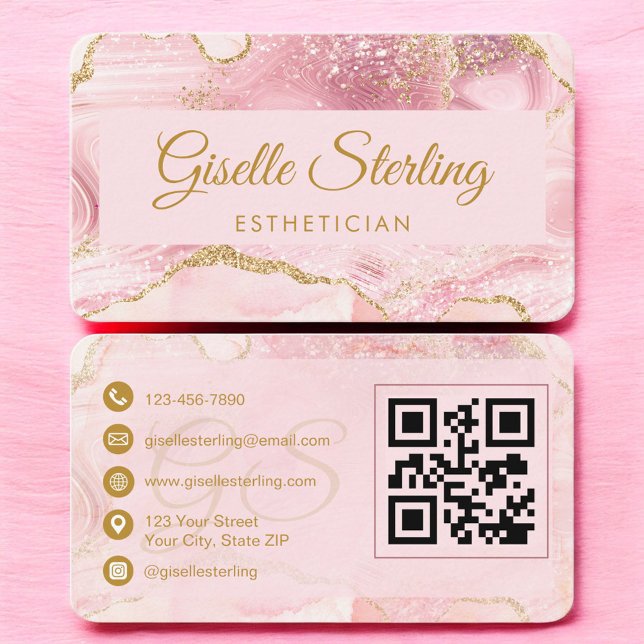 Esthetician Pink Gold Agate QR Code Business Card (Creator Uploaded)