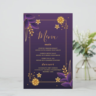 Esthétique violet et or Cartes de menu Mariage flo