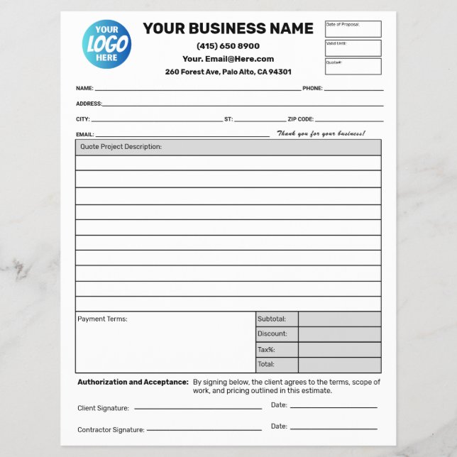 Estimate Quote Job Proposal Forms Business Flyer (Front)