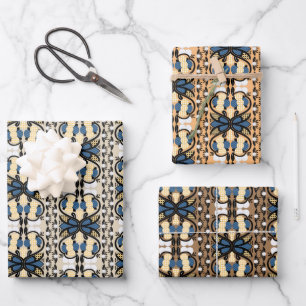 Estonian blue and yellow floral folk art wrapping paper sheet