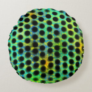 esverdeada de círculos pretos e bagunçada atrás round pillow