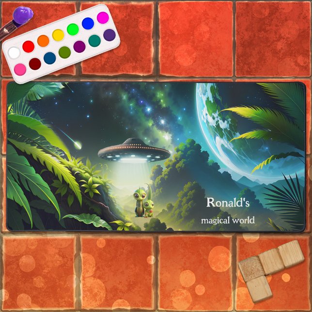 ET UFO Magique Imaginaire World (A cute desk mat featuring a fantasy world with a UFO landing with alien ET's.)