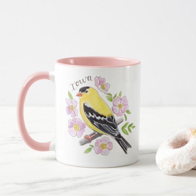 État de l'Iowa Mug - Oiseau d'État et fleurs (Avec donut)