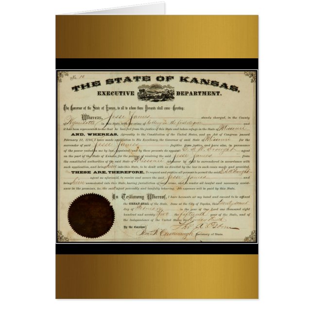 État du Kansas 1875 Ordre d'extradition de Jesse J (Devant)