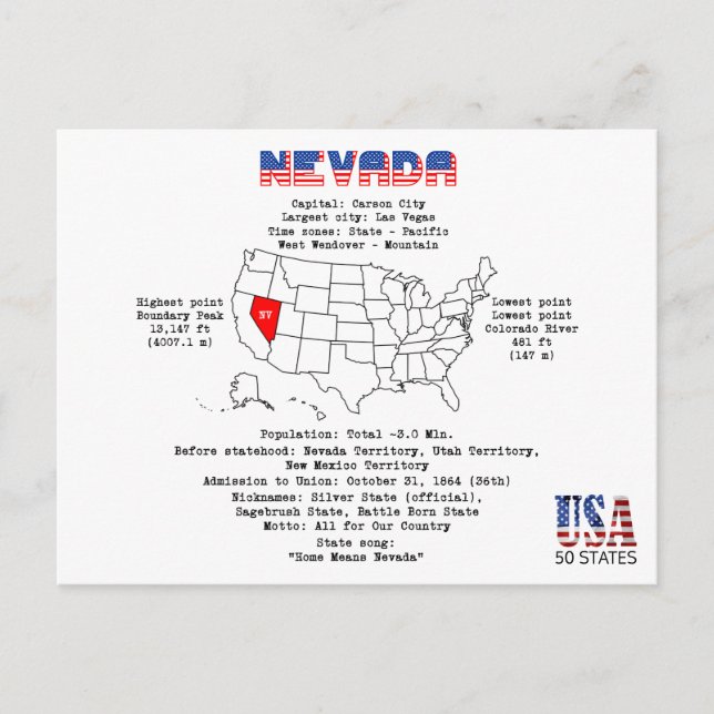 Etat Nevada Américain sur une carte et des informa (Devant)