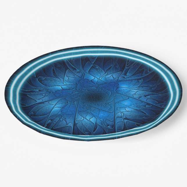 Etched-Look Blue Fractal Star of David Paper Plate (Angled)