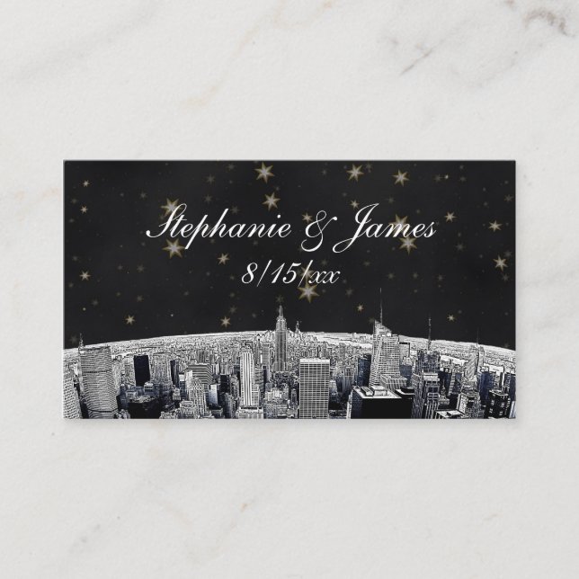 Etched NYC Skyline 2 Black Gold Star Place Cards (Front)
