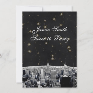 Etched NYC Skyline 2 Black Gold Star Sweet 16 V Invitation
