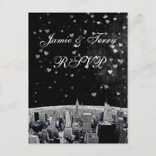 Etched NYC Skyline #2 Black White Heart RSVP 1 Invitation Postcard