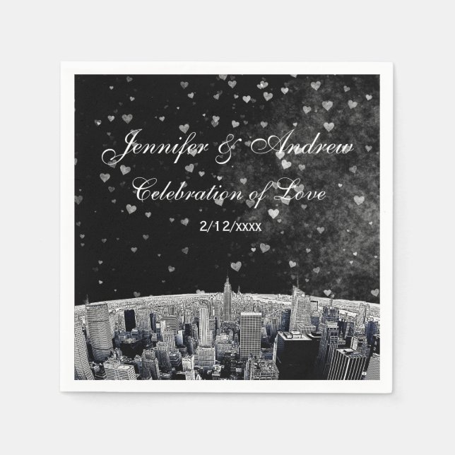 Etched NYC Skyline #2 Black White Heart Wedding Napkin (Front)