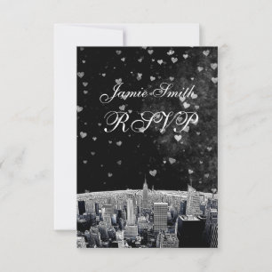 Etched NYC Skyline #2 Black Wht Heart RSVP Card