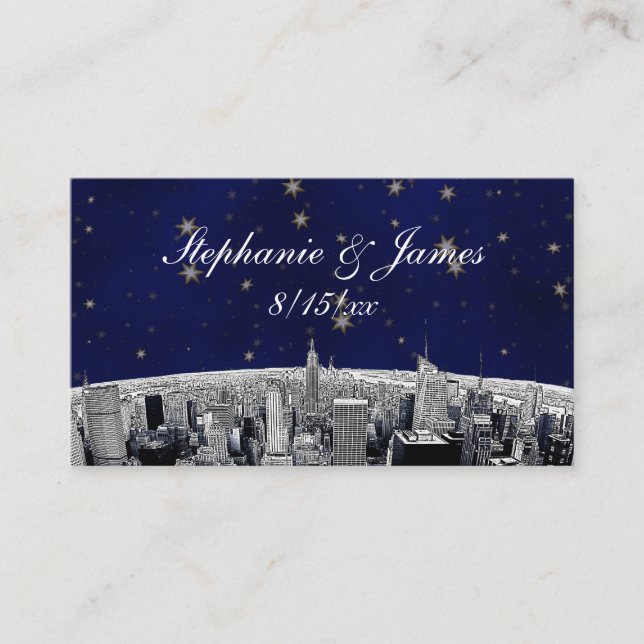 Etched NYC Skyline 2 Blue Gold Star Place Cards (Front)