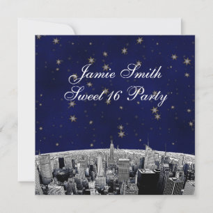 Etched NYC Skyline 2 Blue Gold Star Sweet 16 Party Invitation