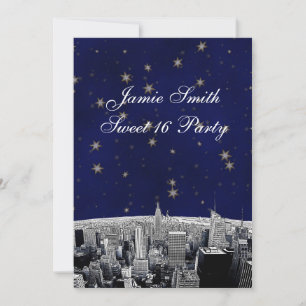 Etched NYC Skyline 2 Blue Gold Star Sweet 16 V Invitation