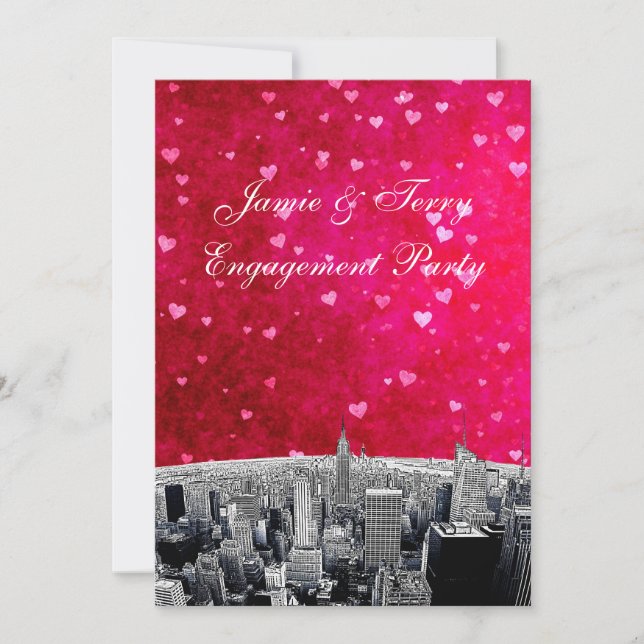 Etched NYC Skyline #2 Pink Red Heart Engagement V Invitation (Front)