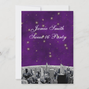 Etched NYC Skyline 2 Purple Gold Star Sweet 16 V Invitation