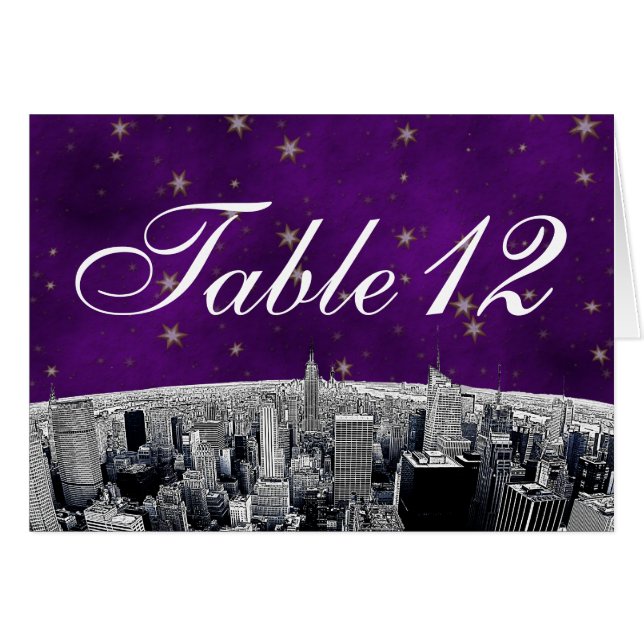Etched NYC Skyline 2 Purple Gold Star Table Number (Front Horizontal)