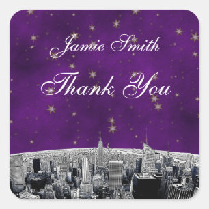 Etched NYC Skyline 2 Purple Gold Star Thank You Square Sticker