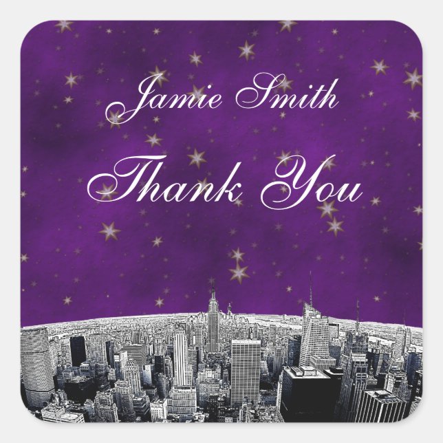 Etched NYC Skyline 2 Purple Gold Star Thank You Square Sticker (Front)