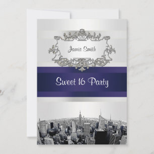 Etched NYC Skyline 2 White, Blue Ribbon Sweet 16 Invitation