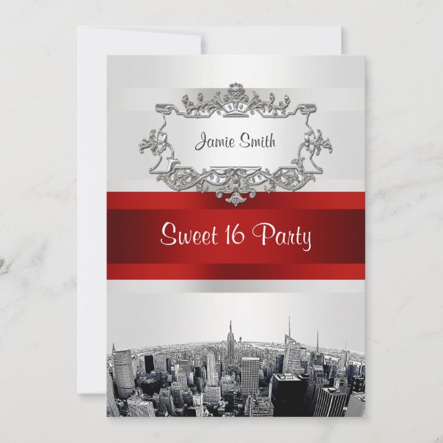 Etched NYC Skyline 2 White, Red Ribbon Sweet 16 Invitation (Front)