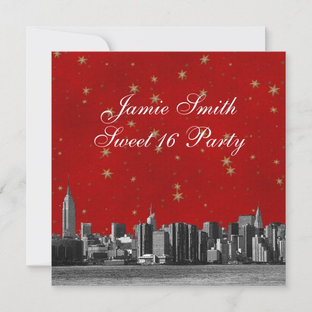 Etched NYC Skyline #3 Red Gold Star Sweet 16 Invitation (Front)