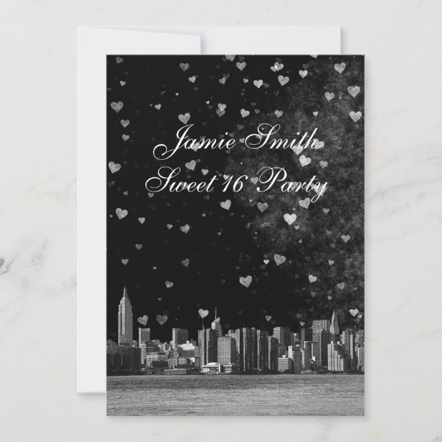 Etched NYC Skyline Black BG White Heart Sweet 16 V Invitation (Front)