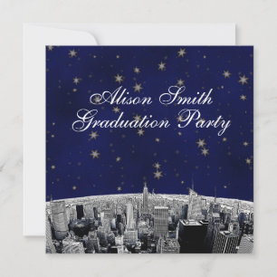 Etched NYC Skyline Blue Gold Star White Graduation Invitation