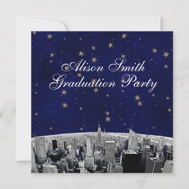 Etched NYC Skyline Blue Gold Star White Graduation Invitation (Front)