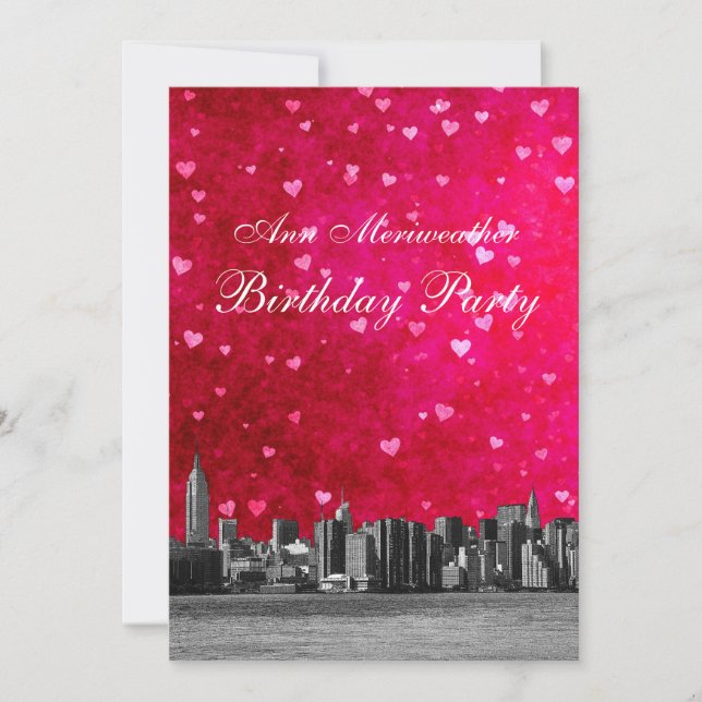 Etched NYC Skyline Hot Pink Red Heart Birthday V Invitation (Front)