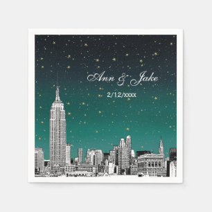 Etched NYC Skyline Shades of Teal Starry Wedding Napkin