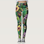 Etched Tropical Flower Pattern Yellow Pink Black Leggings<br><div class="desc">Kick back in these super fun leggings featuring a pattern of hibiscus flowers, birds of paradise and palm ferns. Perfect for a special event, workout at the gym, tropical vacation or festival.</div>