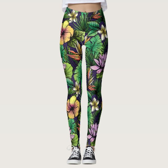 Etched Tropical Flower Pattern Yellow Pink Black Leggings (Front)