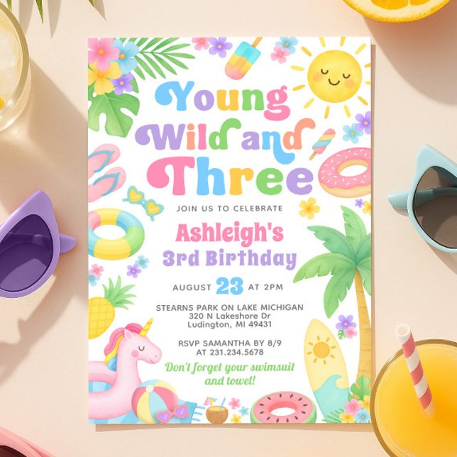 Été 3 Anniversaire Invitation Young Wild & Three (Summer 3rd Birthday Invitation Young Wild & Three
)