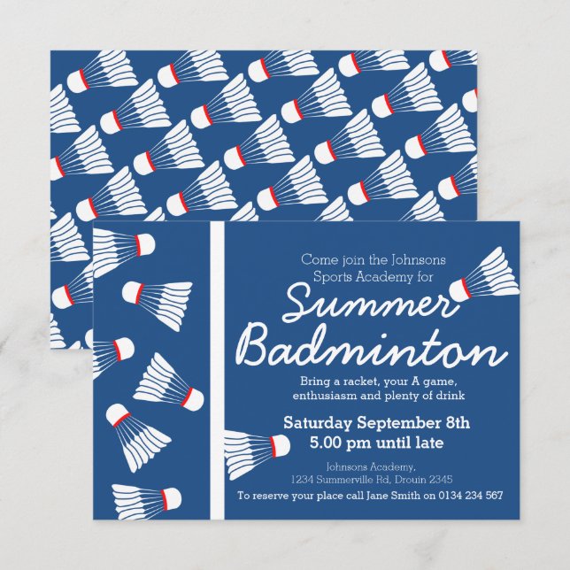 Été badminton événement invitation bleu & blanc (Devant / Derrière)
