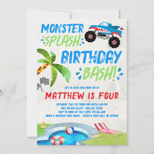 Été Monster Camion Anniversaire Fête Invitation (Devant)