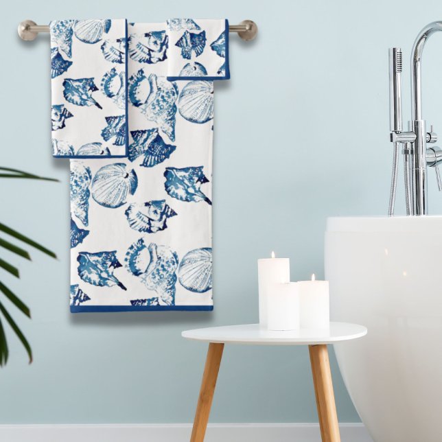 Eté Plage côtière Plage Bord de mer Marine Bleu Co (Summer Coastal Beach Seaside Navy Blue Seashell Bath Towel Set)