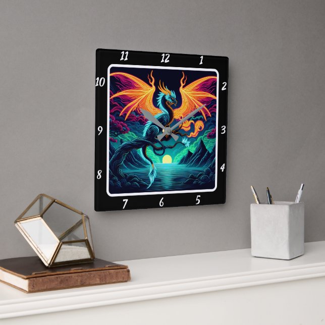 Eternal Blaze Neon Dragon Square Wall Clock (Office)