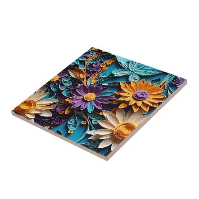 Eternal Blooms: Quilled Floral Paper Artwork on Tile (Side)