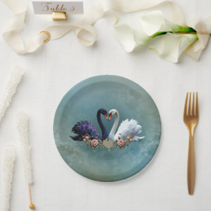 Eternal Bond, Black and White Swans in Love. Paper Plate