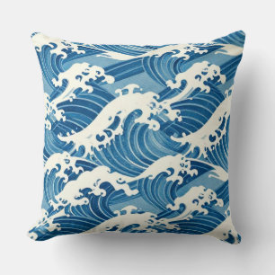 Eternal Cerulean Tide: A Seamless Japanese Ukiyo-e Throw Pillow