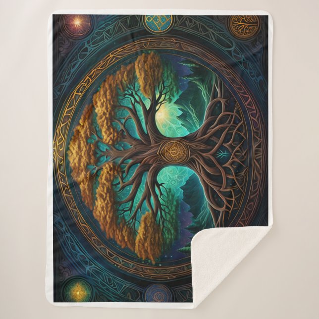 Eternal Diversity: The Tree of Life Yggdrasil Sherpa Blanket (Front)