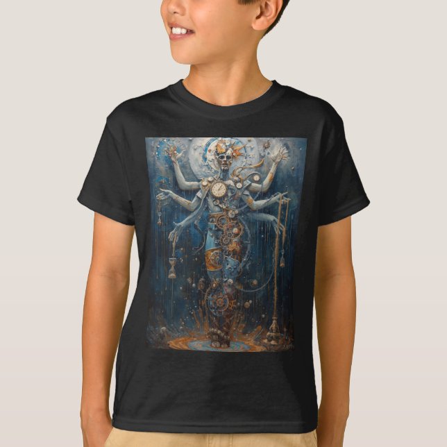Eternal Guardian of Time Surreal Clockwork Deity T-Shirt (Front)